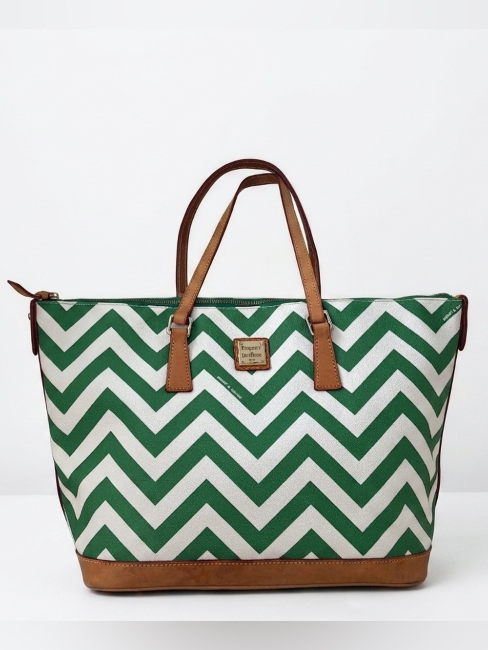 Dooney & Bourke Green and White Chevron Tote w/Tan Trim & Matching Wristlet